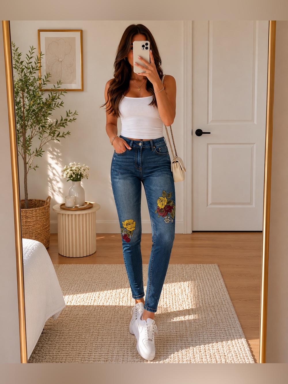 Zara Basic High-Waisted Skinny Jeans – 24 – Stretch Denim with Floral Embroidery